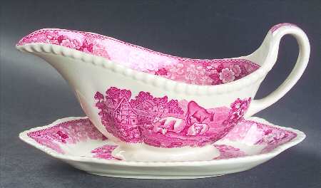 English Scenic Pink (Older-Cream) Gravy Boat & Underplate/Relish