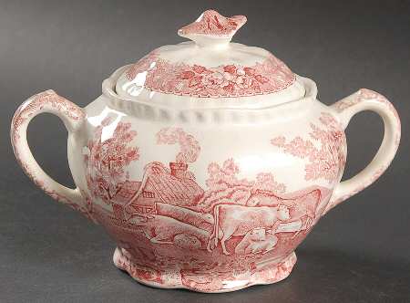 English Scenic Pink (Older-Cream) Sugar Bowl & Lid