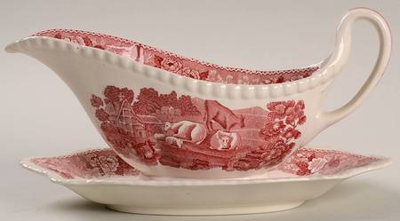 English Scenic Pink (Older-Cream) Gravy Boat with Attached Underplate