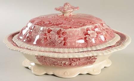 English Scenic Pink (Older-Cream) Oval Covered Vegetable