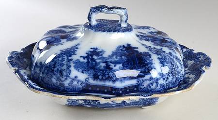 Fairy Villas (Flow Blue, Center Scene) Oval Covered Vegetable
