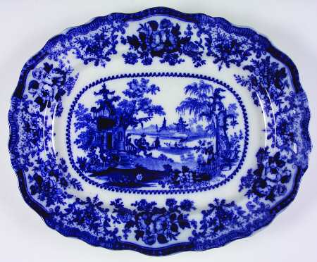 Fairy Villas (Flow Blue, Center Scene) 15" Oval Serving Platter