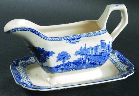 Landscape (Blue & White) Gravy Boat with Attached Underplate