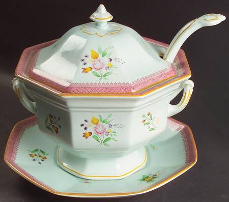 Lowestoft (Older Backstamp) Octagonal Tureen & Lid w/Ladle & Underplate