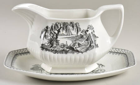 Minuet Black (Newer, Adams Bckstmp) Gravy Boat & Underplate/Relish