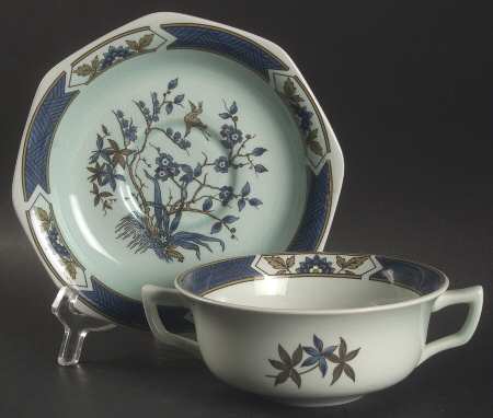 Ming Toi Blue Flat Cream Soup Bowl & Saucer Set
