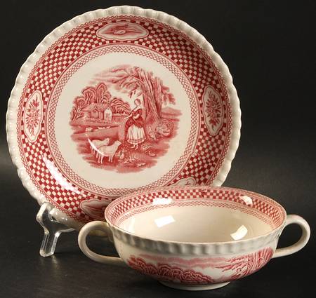 Old English Rural Scenes Flat Cream Soup Bowl & Saucer Set