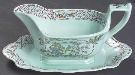 Singapore Bird (Newer Backstamp) Gravy Boat with Attached Underplate by Adams China