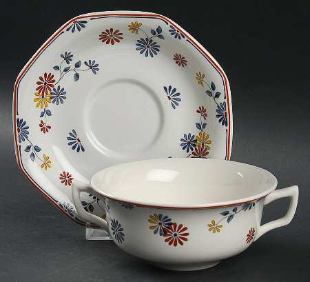 Vermont (Red Trim) Flat Cream Soup Bowl & Saucer Set