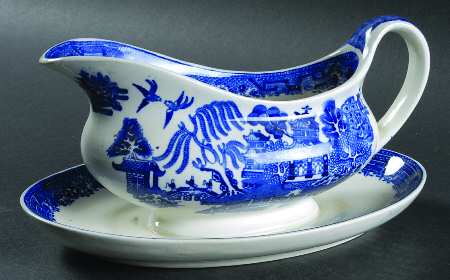 Willow Blue (Smooth, No Trim) Gravy Boat with Attached Underplate