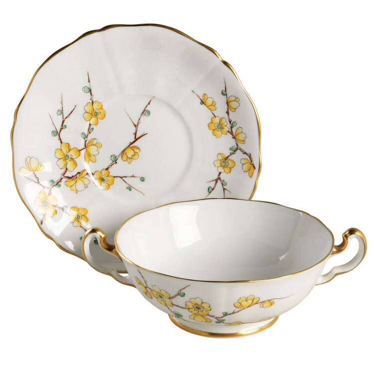 Chinese Blossom (Yellow Flowers) Footed Cream Soup Bowl & Saucer Set