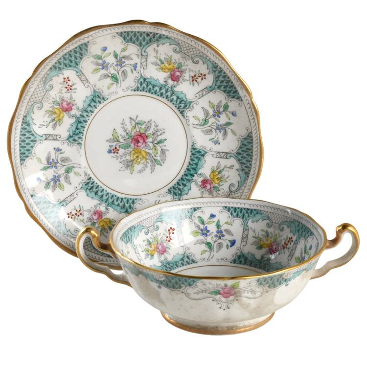 Lowestoft Aqua Green Footed Cream Soup Bowl & Saucer Set