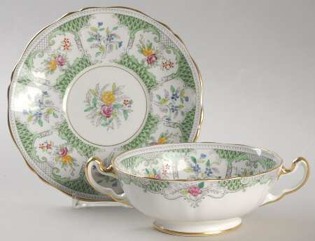 Lowestoft Light Green Footed Cream Soup Bowl & Saucer Set