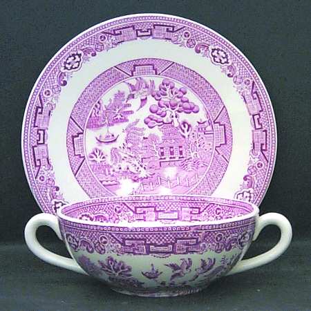 Willow Pink (White Background) Flat Cream Soup Bowl & Saucer Set