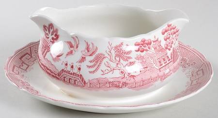 Willow Pink (White Background) Gravy Boat with Attached Underplate