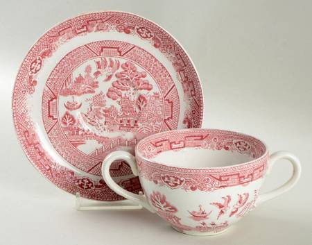 Willow Pink (White Background) Flat Bouillon Cup & Saucer