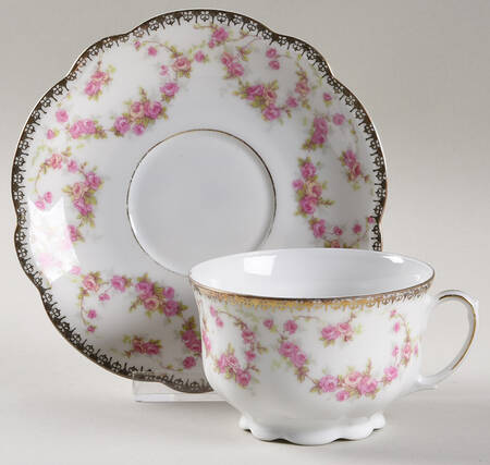 Bridal Rose (Scalloped, Gold Edge) Footed Cup & Saucer Set
