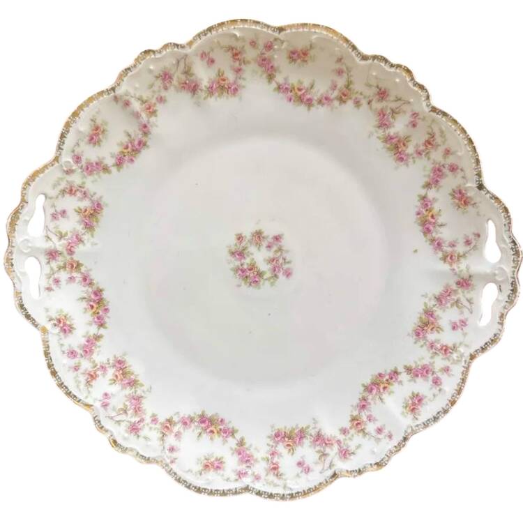 Bridal Rose (Scalloped, Gold Edge) Handled Cake Plate