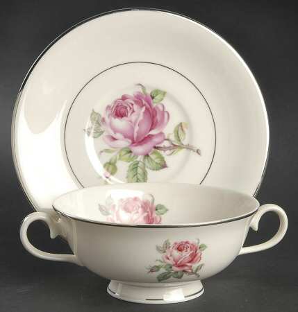Manor Rose (Platinum Trim) Footed Cream Soup Bowl & Saucer Set