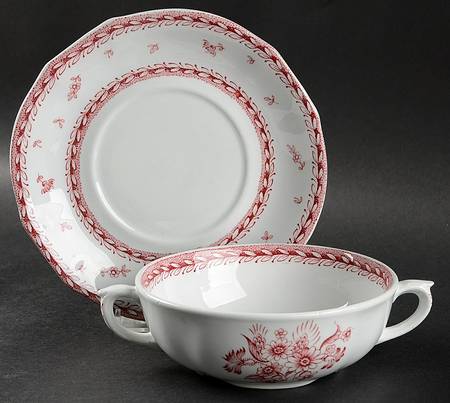 Finn Flower Red (White Background) Flat Cream Soup Bowl & Saucer Set