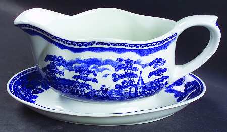 Landscape Blue Gravy Boat with Attached Underplate