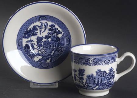 Willow (Blue Trim) Footed Cup & Saucer Set