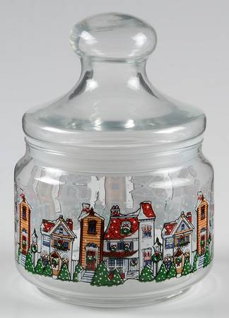 Holiday Village Glassware Candy Jar & Lid