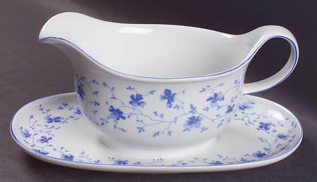 Blue Flowers (Blue Trim, Rim) Gravy Boat with Attached Underplate