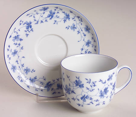 Blue Flowers (Blue Trim, Rim) Flat Cup & Saucer Set