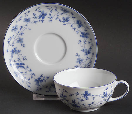 Blue Flowers (Blue Trim, Rim) Flat Cup & Saucer Set
