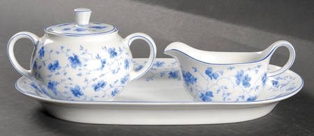 Blue Flowers (Blue Trim, Rim) Mini Creamer & Sugar with Lid & Tray