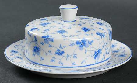 Blue Flowers (Blue Trim, Rim) Round Covered Butter