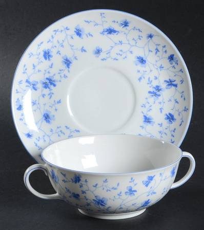 Blue Flowers (Blue Trim, Rim) Flat Cream Soup Bowl & Saucer Set