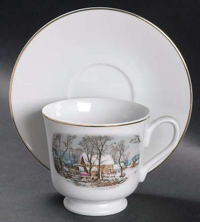 Currier & Ives (Smooth) Footed Cup & Saucer Set