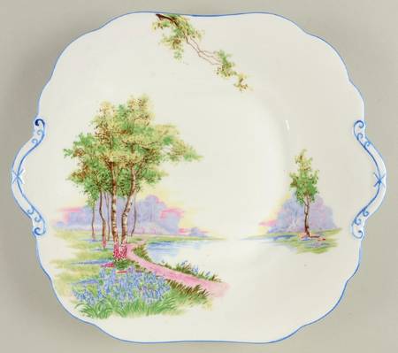 Bluebell Time (Blue Trim) Square Handled Cake Plate