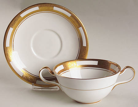 Empress White (Gold Encrusted, Smooth Or Scalloped) Flat Cream Soup Bowl & Saucer Set by John  Aynsley & Sons