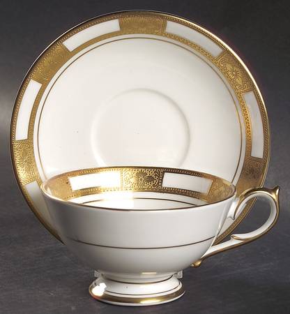 Empress White (Gold Encrusted, Smooth Or Scalloped) Footed Cup & Saucer Set by John  Aynsley & Sons
