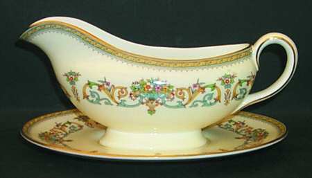 Henley (Smooth, Gold Trim, Green Backstamp) Gravy Boat & Underplate