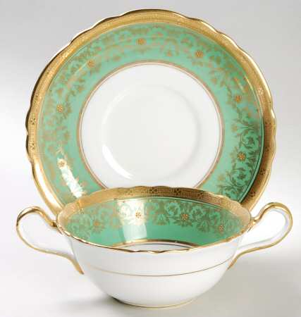Kenilworth Green (Scalloped, Gold Encrusted) Flat Cream Soup Bowl & Saucer Set