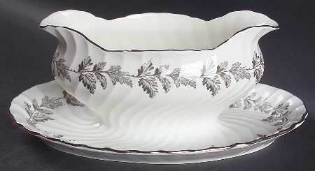 Oak Leaf Gray (Fluted) Gravy Boat with Attached Underplate