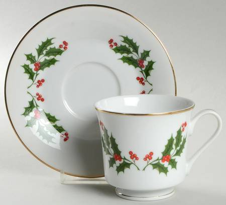 Christmas Holly (Porcelain) Footed Cup & Saucer Set
