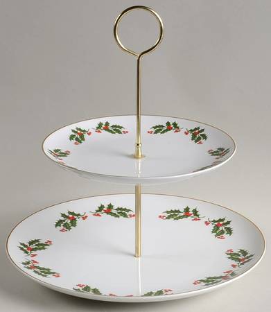 Christmas Holly (Porcelain) 2 Tiered Serving Tray (Dinner & Salad Plate)