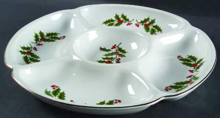 Christmas Holly (Porcelain) Chip and Dip, 1 Piece, 5 Section, Round