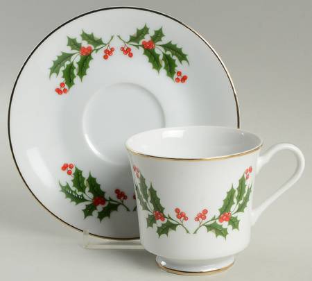 Christmas Holly (Porcelain) Footed Cup & Saucer Set