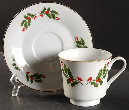 Christmas Holly (Porcelain) Footed Cup & Saucer Set