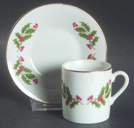 Christmas Holly (Porcelain) Flat Demitasse Cup & Saucer Set