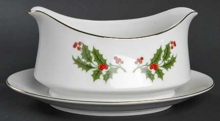 Christmas Holly (Porcelain) Gravy Boat with Attached Underplate
