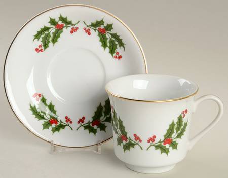 Christmas Holly (Porcelain) Footed Cup & Saucer Set
