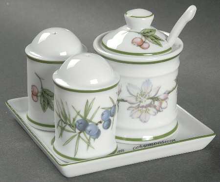Elysian Gardens Salt & Pepper, Mustard with Lid & Ceramic Tray