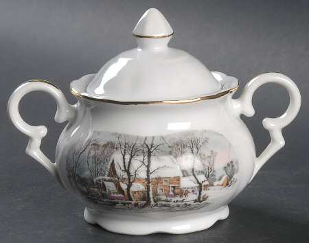 Currier & Ives (Scalloped) Sugar Bowl & Lid